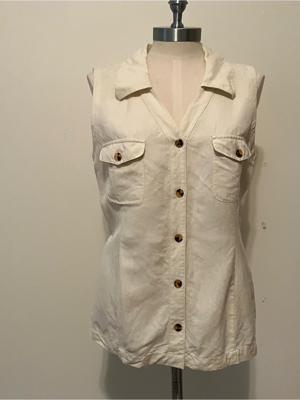 Women’s Linen Cream Button Front Best Chest Pocket 90s Y2K Minimalist Preppy 8